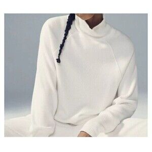RARE Alo Yoga Ivory Waffle Weekend Escape Mock Neck Long Sleeve Sweatshirt Med